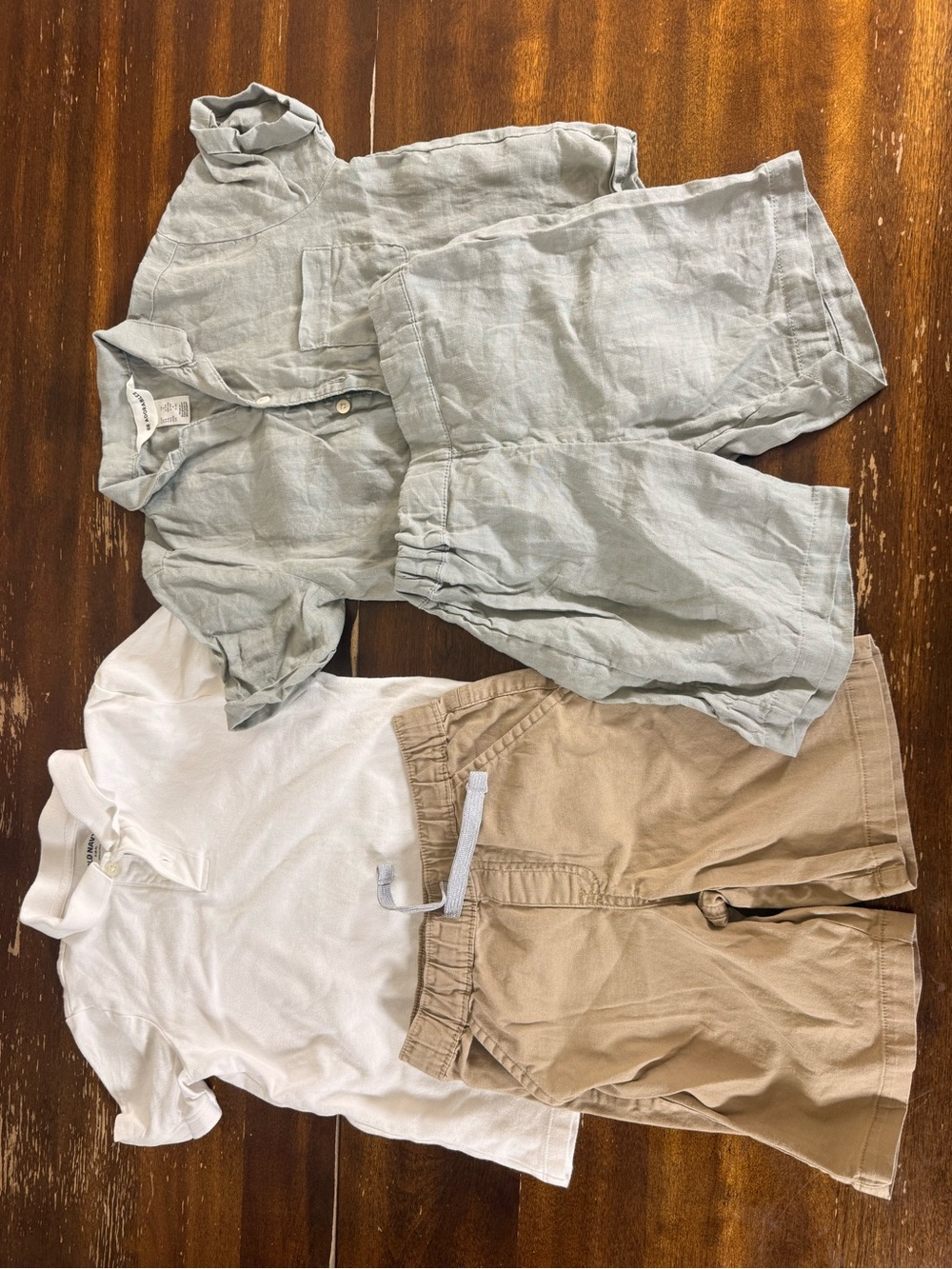 Boys H&M Light Green Linen Top & Shorts Set with White Tee and Tan Shorts